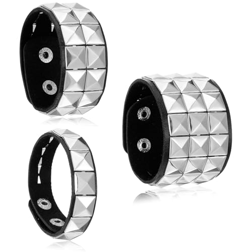 LXUEJIE 3 Pcs Studded Bracelet, Halloween Leather Punk Bracelet Spiked Studded Bracelets Gothic Bracelets Adjustable Cuff Braceletss Set for Rocker Outfits 80s 90s Costume Accessories