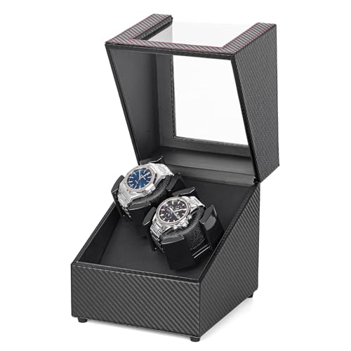 LLS Enroladores duplos de relógio para relógios automáticos, caixa de enrolador automático de relógio em fibra de carbono preta, com motor silencioso japonês, almofadas flexíveis de relógio de