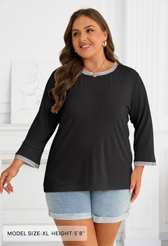 MEROKEETY Women's 3/4 Length Sleeve Tops Dressy Casual Crew Neck Loose Trendy Spring Blouses T Shirts4