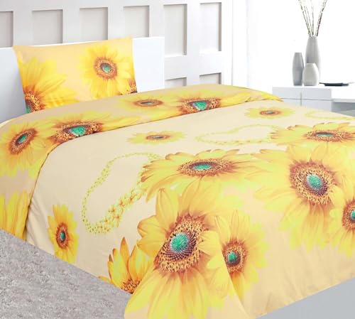 Girl Bed Kids Toodler Teen Sheet Set Twin or Full Printed Design Flat Fitted and Pillow Sham (Twin, Sunflower Ivory)