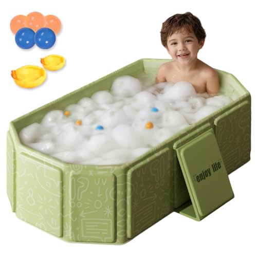 Collapsible Baby Bathtub Foldable Infant Tub, PVC Collapsible Bath with Drain, Support Feet & Toys, 29.5x17.7x9.8 for Kids 0-8Y