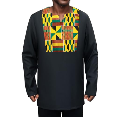 African Shirt for Men Kente Tribal Patchwork Long Sleeve Dashiki Shirt Nigerian Top Attire3