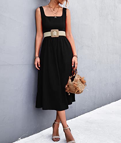 Image of xxxiticat Women's Square Collar Casual Dress Sleeveless Pleated A-Line Summer Beach Boho Elegant Backless Midi Dress