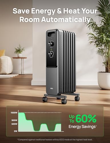 Image of DREO Radiator Heater, Quiet Electric Space Heater for Indoor Use Large Room | Dual Knobs, Energy Saving, 8 Safety Protection, 1500W Quiet Oil Filled Radiator for Bedroom, Adjustable Thermostat, Grey