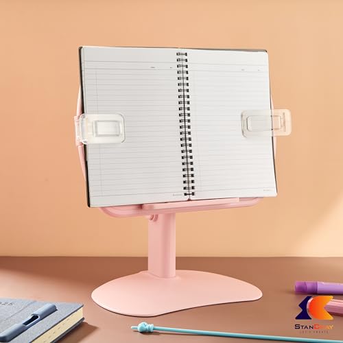 Image of 1 Compartment Portable Adjustable Tablet Holder with Folding Hands Rotatable Book Stand Holder for Reading - Ideal for Cookbooks, Sheet Music, and More - Textbook Holder Organizer (Pink)