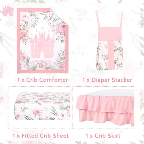 Image of TANOFAR 4-Piece Crib Bedding Set for Baby Girls, Floral Castle Nursery Bedding Set Includes Comforter, Fitted Crib Sheet, Crib Skirt, and Diaper Stacker, Pink