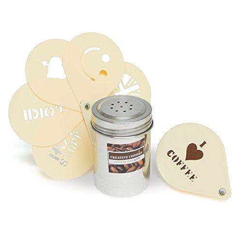 Fizz Creations 3067 - Set de 7 Plantillas de Dibujos para café y Bote para espolvorear (Acero Inoxidable)