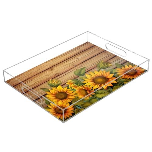 Nesatuwa Wood Grain Sunflower Acrylic Serving Tray with Handles,Clear Serving Tray Decorative Tray Organiser for Ottoman, Kitchen, Bedroom Decorative Tray 12x16 Inches
