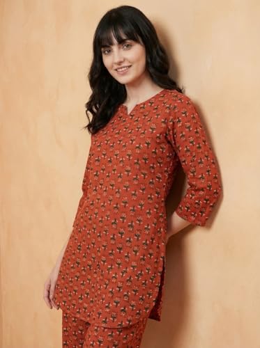 Image of Bee M Pee Designer Trendy Floral Printed Cotton Kurta Coord Sets for Women | Stylish Casual Tunic Kurti Set with Pant for Woman for Office