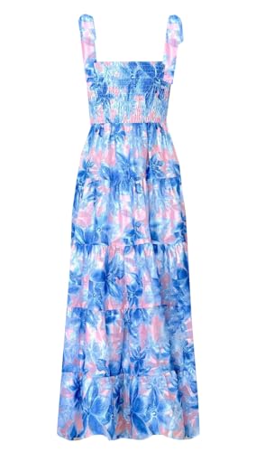 Image of kinstell Women's Summer Boho Spaghetti Strap Square Neck Ruffle Casual Flowy Long Dress Beach Swing Party Maxi Dress