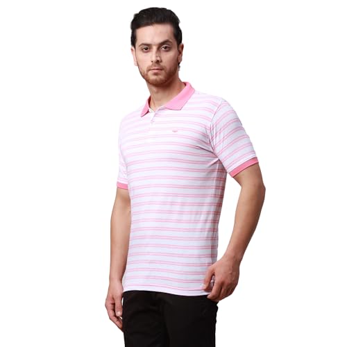 Image of Park Avenue Men's Cotton Polyester Blend Stripe Pattern Slim Fit Rib Collar Polo Neck Half Sleeve Casual T-Shirt
