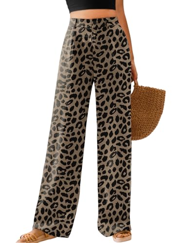 Image of Feiersi Womens Casual Wide Leg Pants High Waisted Button Down Straight Long Trousers Palazzo Pants