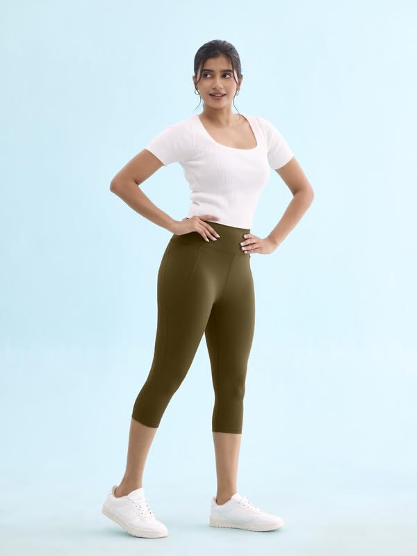 Image of GO COLORS Womens Solid Training Capri | Elastane, High Rise