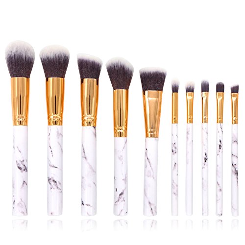BOXING Professional Makeup Brushes Kit 10pcs with White Marble Handle Design Premium Face Eyeliner Blush Contour Foundation Cosmetic Brushes for Powder Liquid Cream