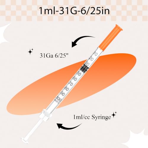 Image of 1ml Syringe with Cap, 31G 6 /25 inch 1cc Syringes, Pack of 100