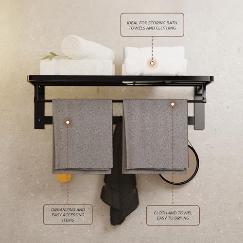 Image of MIORAH 24 Inch Foldable Aluminum Towel Rack for Bathroom - Wall Mounted Double-Tier Towel Holder with Rod & Hooks | Rustproof