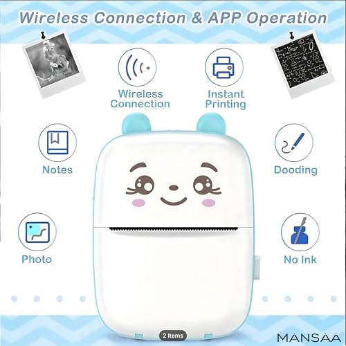 Image of MANSAA Mini Thermal Printer, Portable Bluetooth Pocket Printer for Android & iOS, Cute Cat Inkless Thermal Printer, USB Rechargeable Sticker & Label Printer for Notes, Study & Photos (White & Blue)