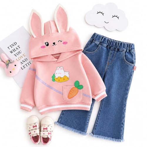 Image of Bold N Elegant Girl's Denim Solid Full Sleeve Bunny Print Sweatshirt Hoodie And Jeans With Frayed Hem