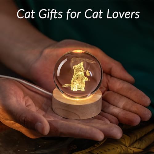 Image of IFOLAINA 3D Cat Crystal Ball Ideas Gifts for Girlfriend Wife Mom Her | Cat Lovers Presents for Women Friends Couple Birthday Holidays Decorative Crystal Sphere Decor Lamp