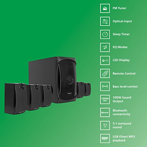 Image of Philips Audio TAV7587 5.1 Channel 100W Bluetooth Multimedia Speaker System with 5x15W Satellite Speakers, Multi-Connectivity Option with Supporting USB, AUX, FM & Remote Control (Black)