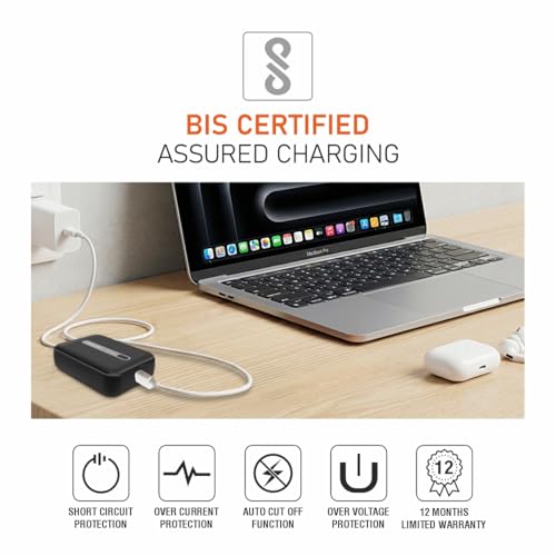 Image of Muvtech Zip 10 Pocket Size 10000mAh Mini Power Bank, 22.5W Fast Charging, Dual Output USB-A & Type-C Ports, Compact Pocket Size, LED Indicators, Travel Friendly, Portable (Black)