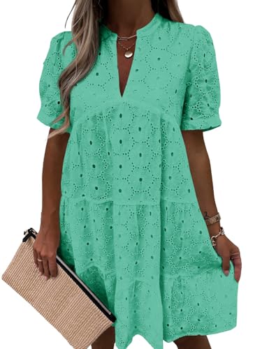 Image of Imily Bela Womens Summer Lace Dresses Eyelet Casual Flowy Babydoll Swing Short Sleeve V Neck Tunic Dress