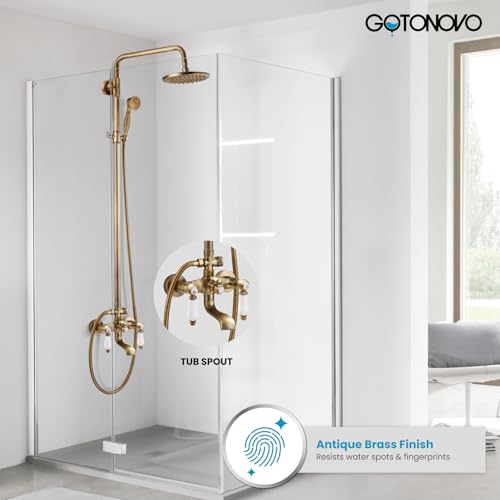 Juego de grifería para ducha expuesta gotonovo en latón antiguo, con manijas de cerámica, cabezal lluvia redondo de 8 pulgadas, rociador de mano y salida para bañera giratoria, montaje en pared, distancia entre orificios de 6 pulgadas miniatura 2