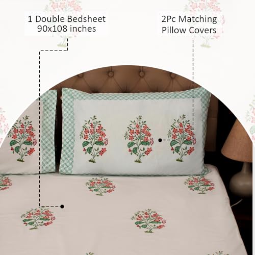 Image of Premium Bedsheet with 2 Pillow Covers I Hand Block I Pure & Soft Percale Cotton I 300 TC I 90x108 inches (King Size Double Bed Bedcover) I Floral Pattern I Peach & Green