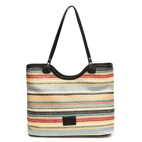 UKETO Bolsa de playa de paja colorida a rayas de piel sintética, bolsa de hombro tejida para vacaciones, viajes para mujeres, compras, viajes (negro), Black, 380.00x310.00x100.00mm