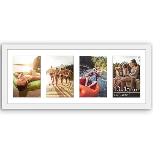 Americanflat Cadre Photo 10x15 cm Blanc - Cadre Pêle-Mêle 20x51 cm sans Passe-Partout ou avec Passe-Partout pour Quatre Photos 15x10 cm avec Verre Résistant aux Chocs