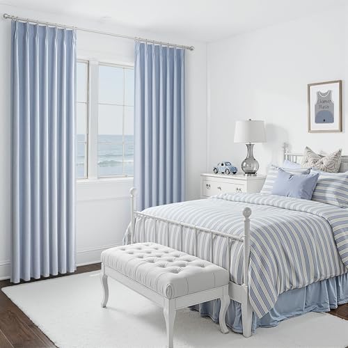 Image of DustyBlue 90 Inch long Darkening Curtains for Kids /Boys Rooms /Bedroom 2 Panels Set, Floor to Ceiling Track Pinch Pleated Drapes Hooks Linen Thermal Coastal Curtain Window Burg Light Blue 40 inchWx90 inchL