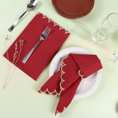 Image of FINGERCRAFT Scallop Edge Cloth Napkins Red with Golden Zari | Set of 6 | 20x20 Inches | 100% Cotton | Table Napkins for Any Occasion | Washable, Perfect for Parties and Everyday Use