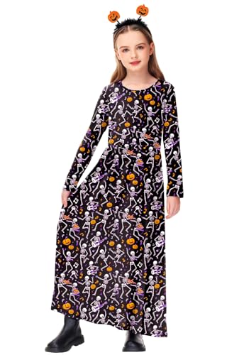 Image of Girls Sugar Skull Maxi Dress Long Sleeve Skeleton Halloween Funny Floor Length Dresses 7-8 Years