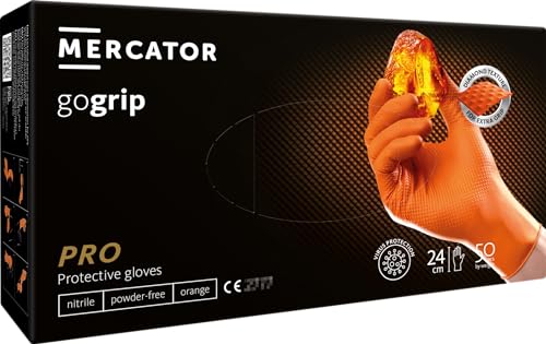 GEGRIP Guantes desechables extrafuertes, guantes de nitrilo, 3 guantes gruesos, desechables con agarre de diamante, guantes de trabajo, industria y montaje, varios colores, 50 unidades (naranja, M)