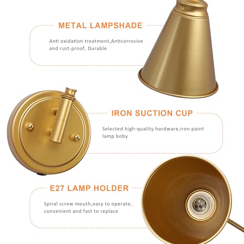 Image of SUNLLOK Modern Gold Plug in Wall Sconces - Industrial Adjustable Swing Arm Hanging Wall Light Fixture - Indoor Rustic Reading Wall Lamp Decoration for Living Room, Kids Bedroom, Office (1)