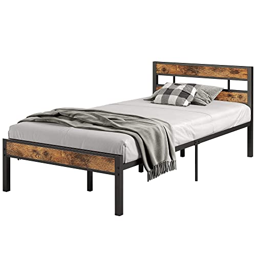LIKIMIO Twin Bed Frame with Headboard, Easy Assembly, Noise-Free, No Box Spring Needed, Heavy Strong Metal Support Frames, Vintage Brown