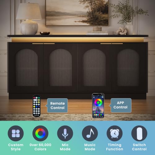 Image of LKTART 65.3 inch Sideboard Buffet Cabinet with Arched Doors,LED Lights,Black