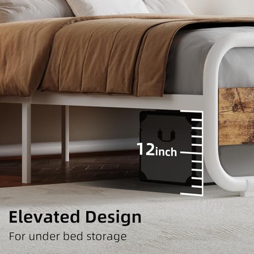 Image of King Size Bed Frame, Wood Headboard and Footboard, LED Lights, White