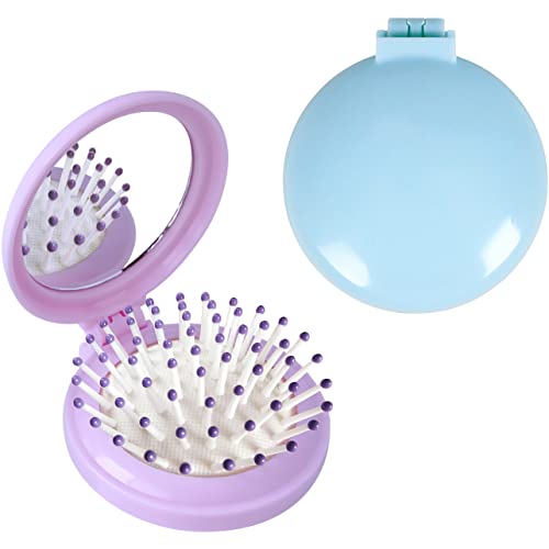 Cepillo de pelo plegable con espejo, redondo mini compacto masaje peine, tamaño de viaje para niñas y mujeres (azul+púrpura)