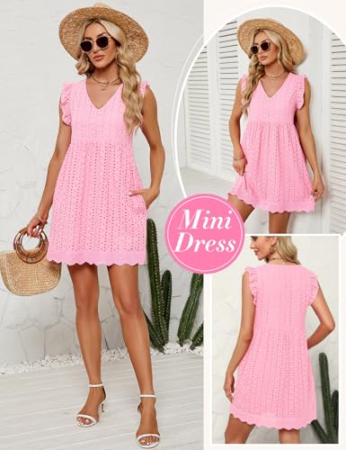 heekpek Vestidos Verano Mujer Sin Mangas con Volantes Cuello V Algodón Mini Vestido Mujer Sueltos Hueco de Flores Jacquard Casual Vestidos de Playa con Bolsillos, Rosa Claro, S - imagen 2