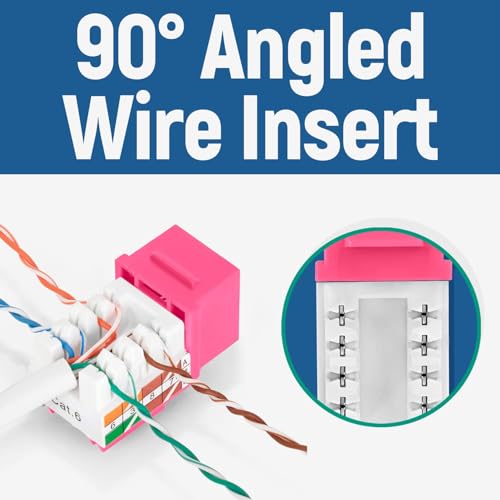 Image of Everest 90 Degree RJ45 Cat6A Keystone Jacks Slim Profile 50-Pack Pink