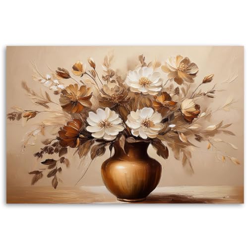 Pintura al óleo moderna para decorar un salón acogedor con flores beige y marrón