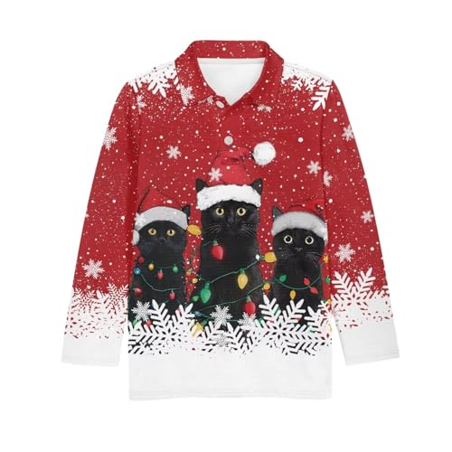 Frymappies Kids Christmas Black Cat 1/4 Button Golf Shirt 9-10 Years Boys Fall Long Sleeve Golf Shirts with Collar Xmas Costume Tween Boys Breathable Tennis Tops Novelty Holiday Party Outfits