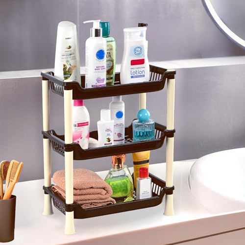 Image of Kuber Industries Plastic Shelf Rack for Storage | Multipurpose Three Layer Storage Organizer Rack for Household, Office, Bedroom, Kitchen, Living Room - Brown