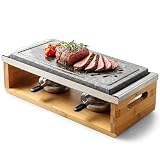 Artestia Steak Lava Stone Table Grill for Meat with Bamboo Stand, Smokeless BBQ Grill with Fast Heating Natural Lava Cooking Stone, Ideal for Dinner and Family Fun, Two Rechauds (14.56'*6.69')