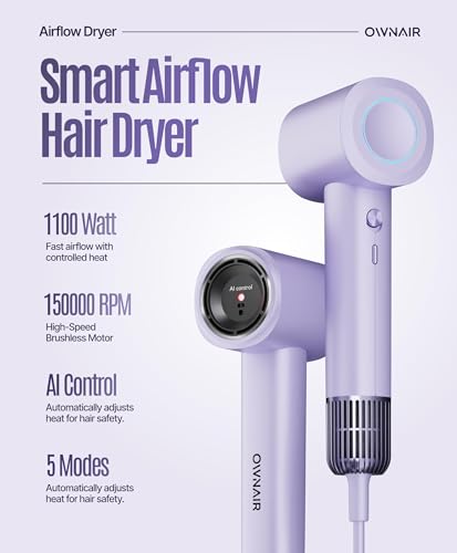 Image of OWNAIR Hair Dryer for Women - AI High Speed Professional Ionic Blow Dryer with Smart Temperature Control, Fast-Drying Airflow, Lightweight Low-Noise Salon Hair Dryer for Frizz-Free Styling (Purple) (Blue)
