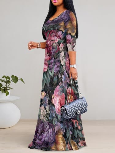 Image of PinkPatty Women's Plus Size Maxi Dresses Casual Flowy 3 /4 Sleeves Dress Printed Vacation Dress for Daily Wear with Belt