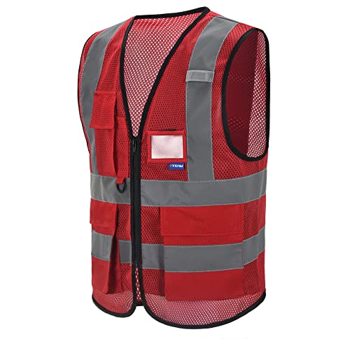 Image of Construction red vest | Red L breathable mesh vest with 7 pockets, black front zipper and reflective strips for fire safety; for men and women.