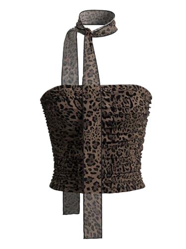 MakeMeChic Women's Strapless Leopard Mesh Tube Top Sleeveless Ruched Bandeau Crop Festival Rave Tops with Scarf