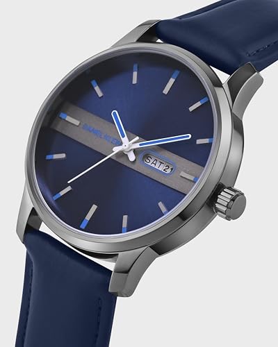 Image of Daniel Klein Navy Blue Leather Strap Day Dated Men's Analog Watch - DK.1.14024-2
